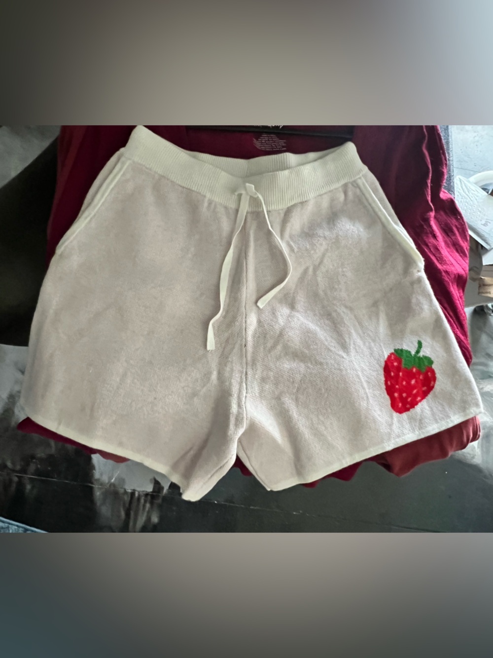 kate spade Cream Terry Shorts with Red Strawberry Accent